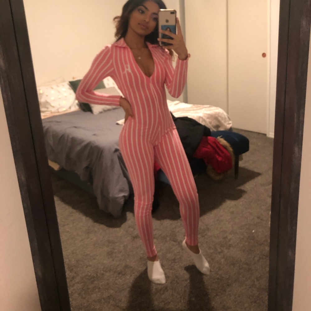 pink and white so real jumpsuit